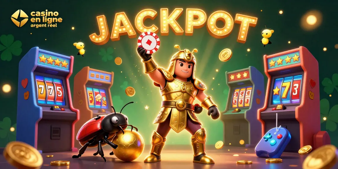 Illustrez une victoire au casino en ligne argent réel avec un scarabée en armure dorée et une ambiance festive.