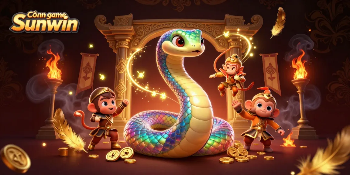 Cổng game Sunwin features an enchanting rainbow serpent and monkey king in a vibrant casino scene