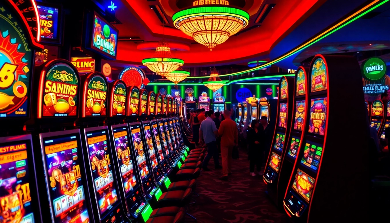 Menunjukkan pemain yang menikmati bandar slot di kasino yang bercahaya.