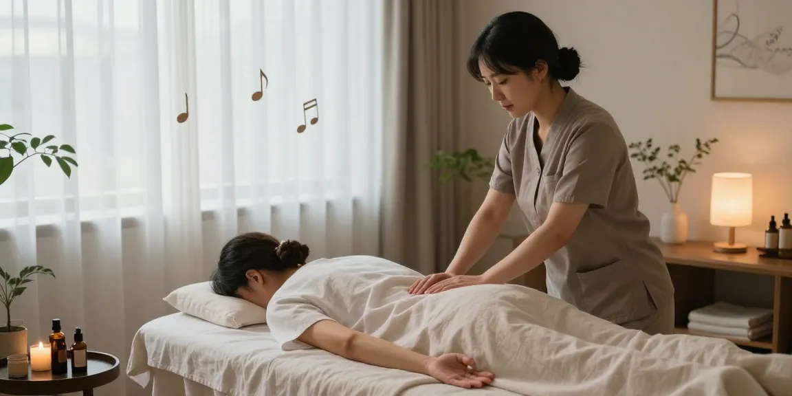Relaxing 창원마사지 therapy scene with therapist and client in calming wellness center.