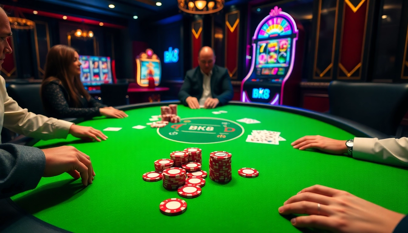 Experience the thrill of betting at BK8 with a luxurious casino setting featuring poker and slot games.