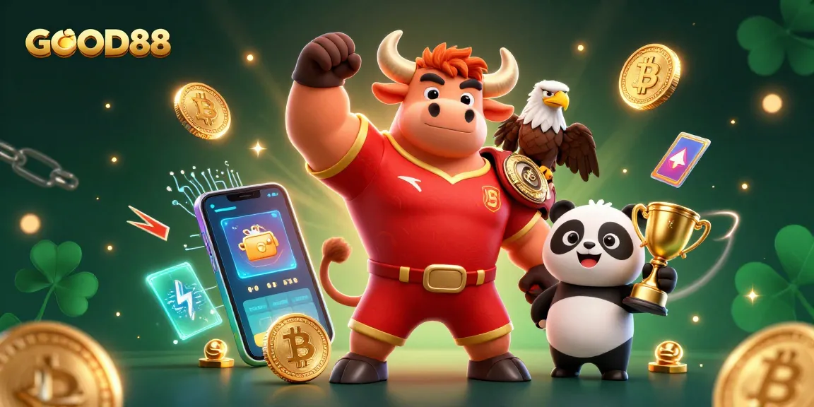 Join the action at GOOD88 with a dynamic casino scene featuring winning characters and crypto coins.