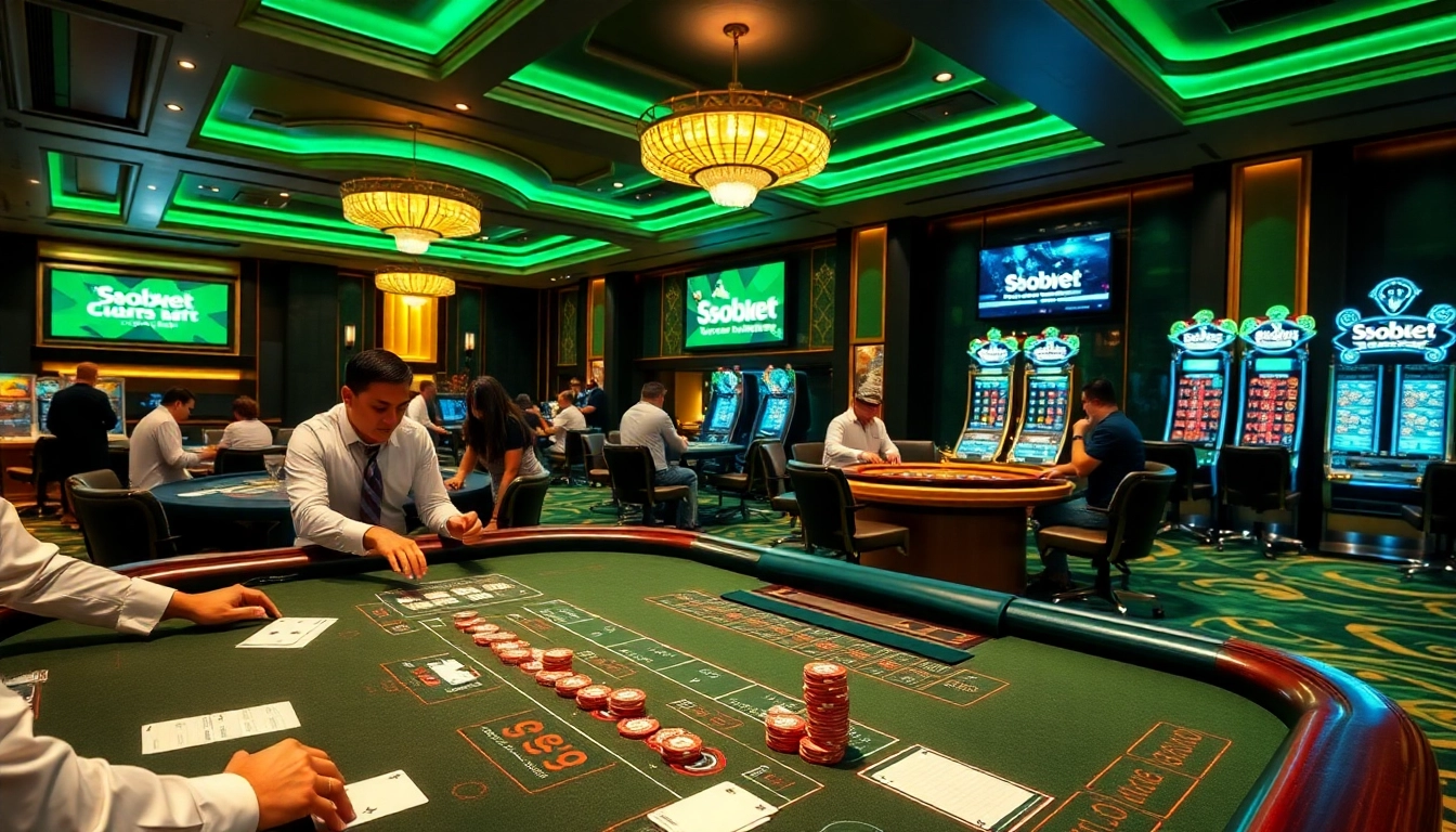 sbobet link alternatif displayed on a digital screen amidst a bustling casino floor, showcasing vibrant betting activities.