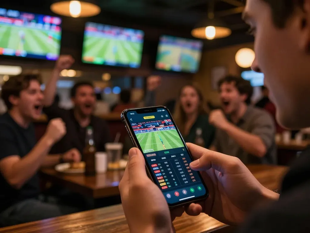 Person placing bets on cacuocbongda app while watching live sports in a busy bar.