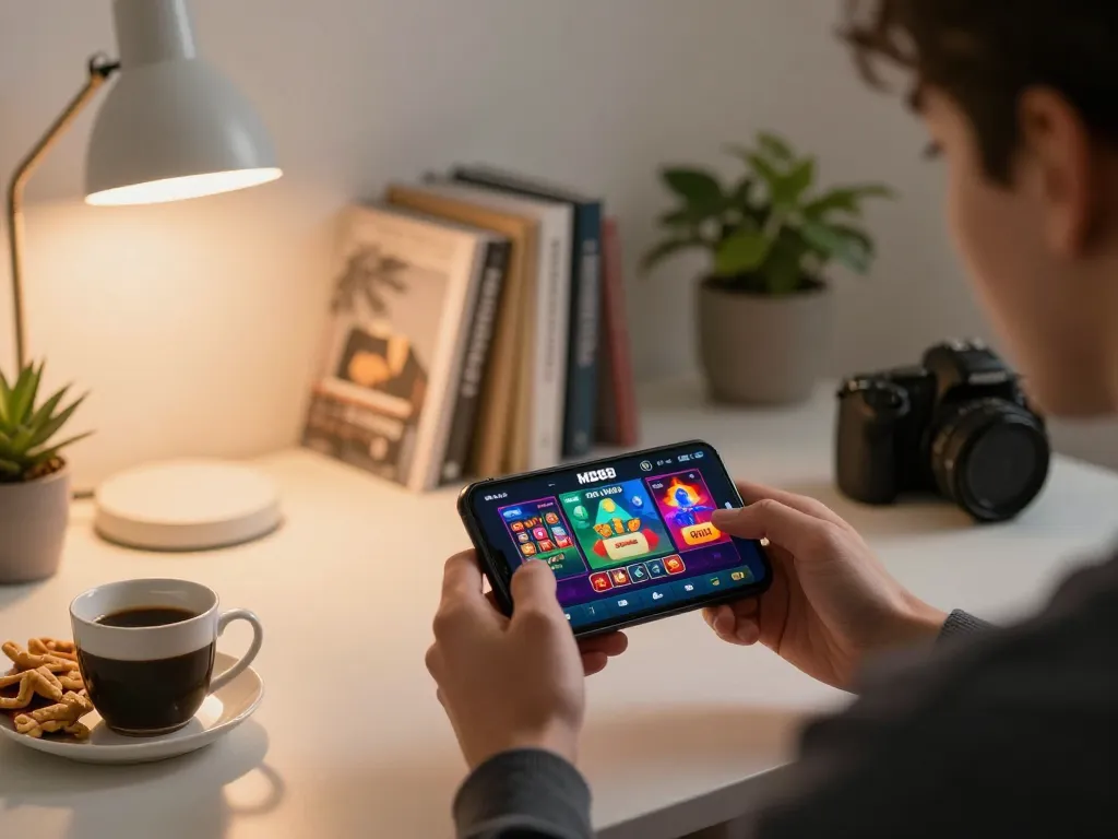 Player engages with MB88 casino app in a cozy home environment, enjoying online gaming experience.