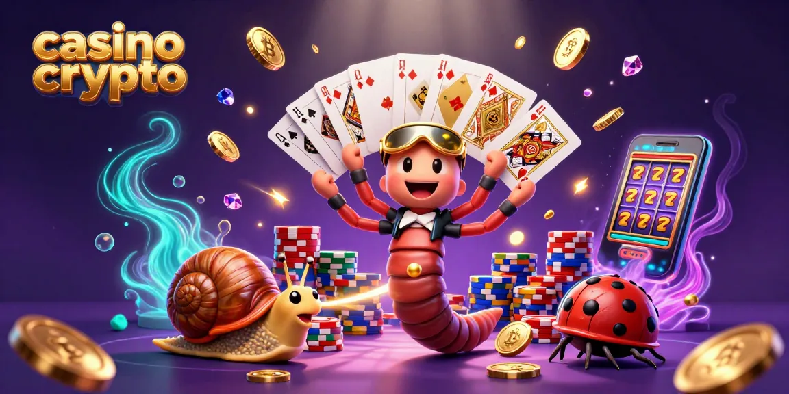 Animation captivante mettant en scène des personnages de casino crypto : un mille-pattes et un escargot autour de jetons.