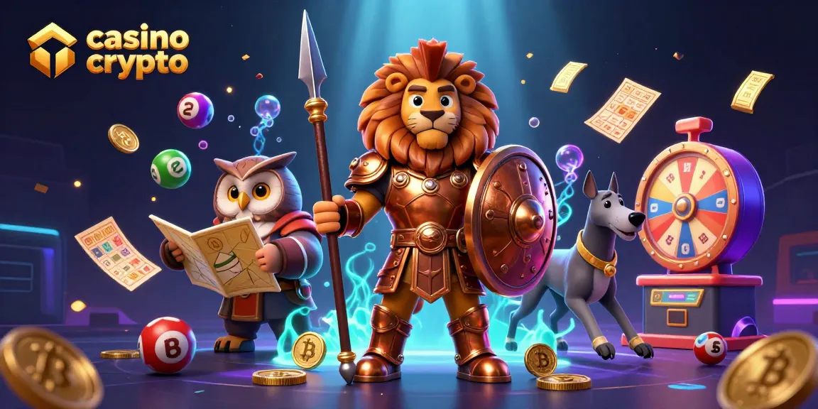 Illustration dynamique de casino crypto avec un lion en armure et des éléments de blockchain éparpillés