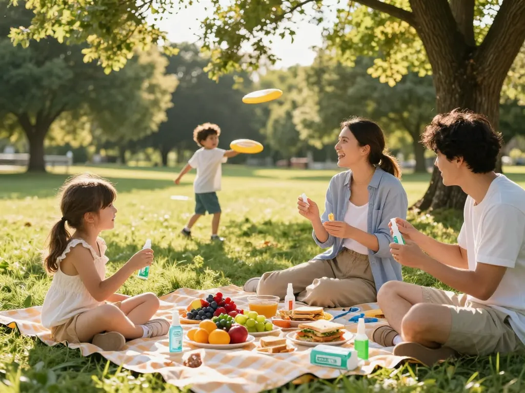 Family applying mosquito repellent during a picnic in a lush park.