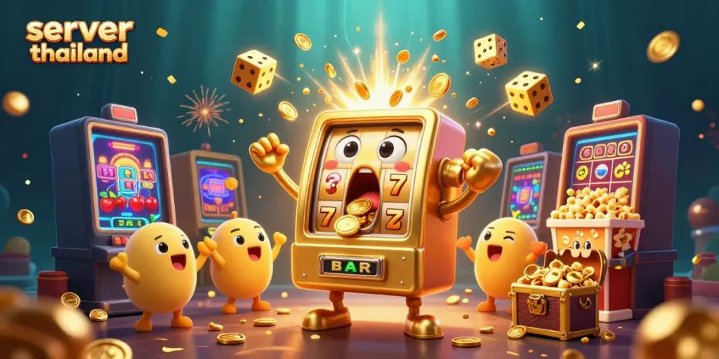 Celebrate big wins with the server thailand-themed slot machines bursting with coins in a vibrant casino scene.