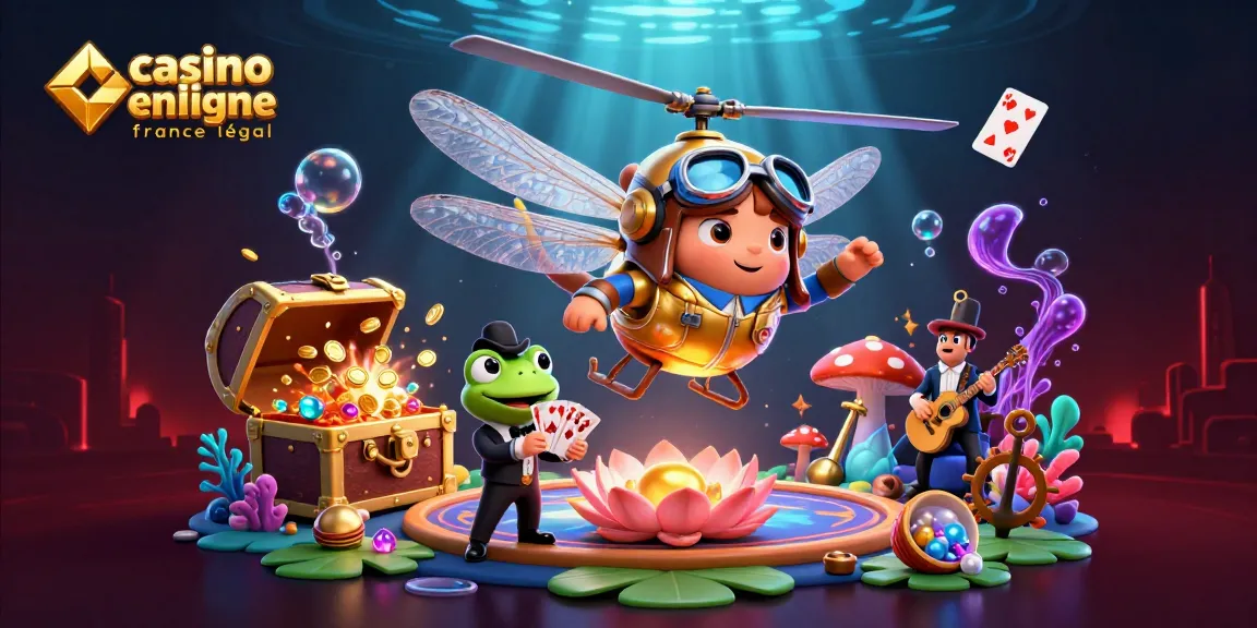 Une illustration 3D captivante montrant un pilote libellule, un croupier grenouille, et des musiciens, représentant des casinos en ligne France légal.