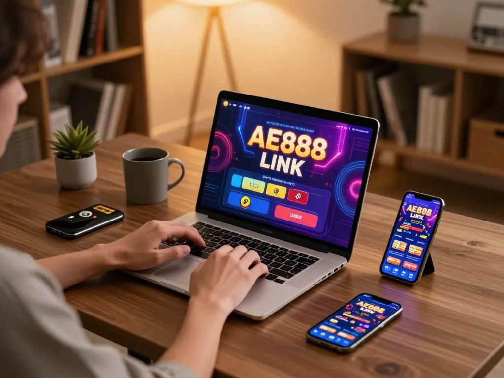 Engaging in online gaming with AE888 LINK visible on laptop screen in a cozy home setting.