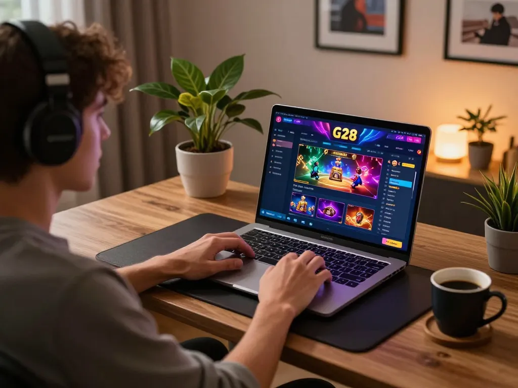 Player exploring G28 casino app on laptop, enjoying a cozy online gaming experience at home.