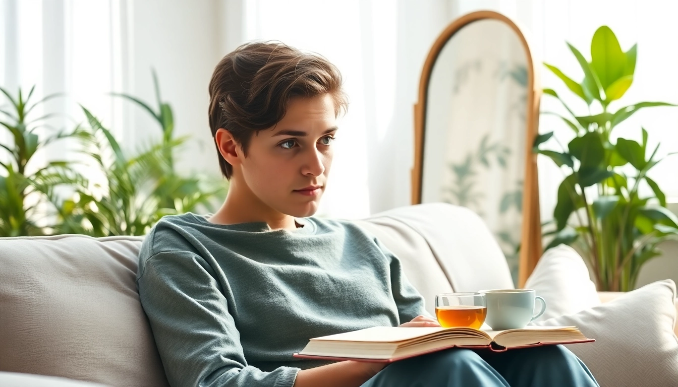 Explore an individual experiencing depression symptoms in a serene, warm environment.