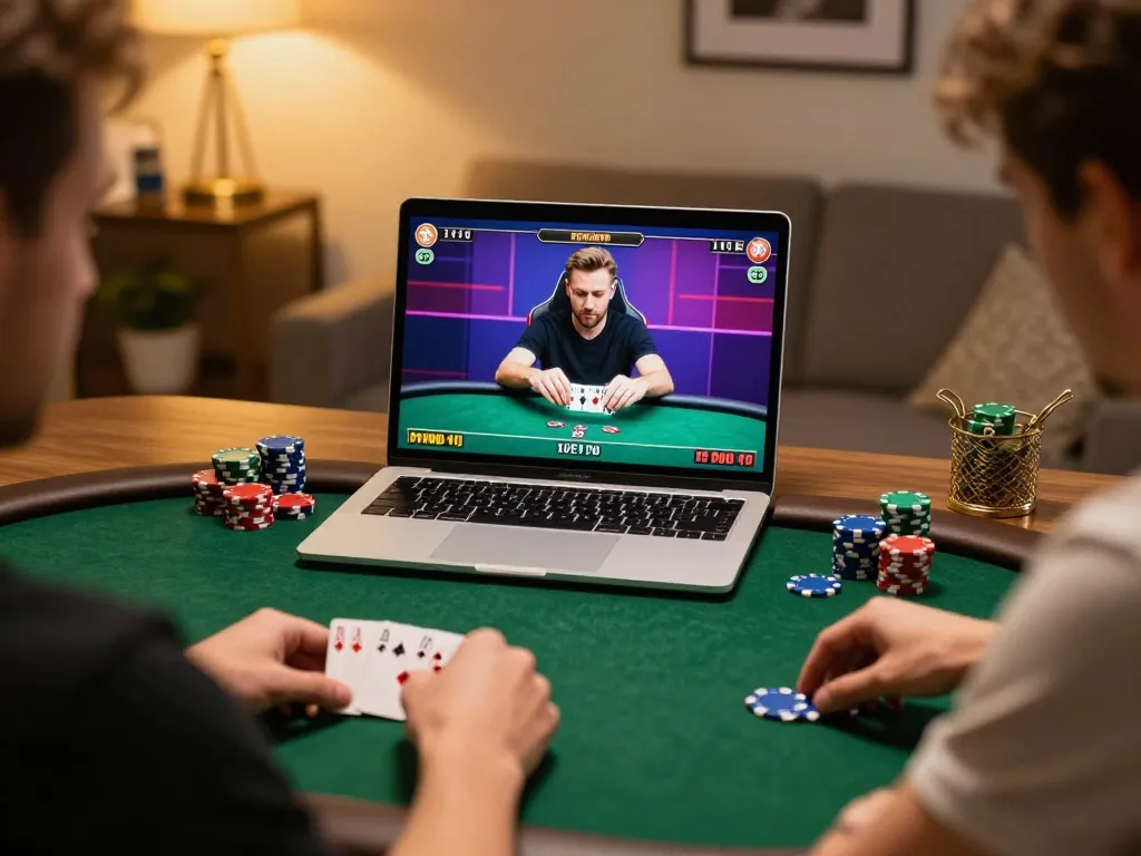 Engaging in a Poker Online game on a laptop, highlighting strategic gameplay with focused player