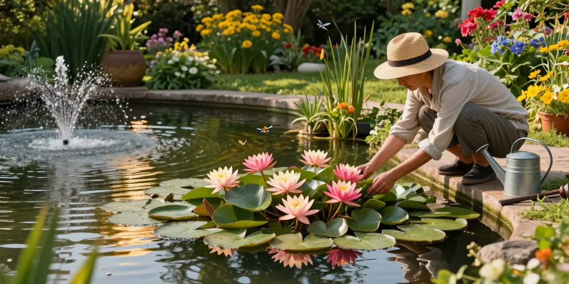 Vibrant water lilies blooming in a tranquil garden pond, showcasing a serene gardening scene.