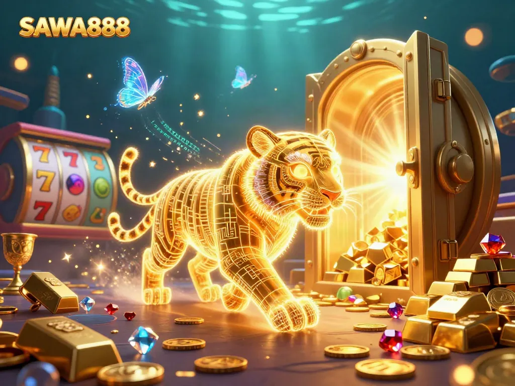 Engage in thrilling gameplay at SAWA888 with vibrant slot reels and a golden tiger in a digital casino.