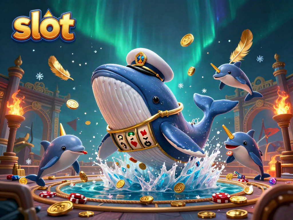 Menang di slot: Pemandangan kasino ceria dengan paus kartun dan koin emas.