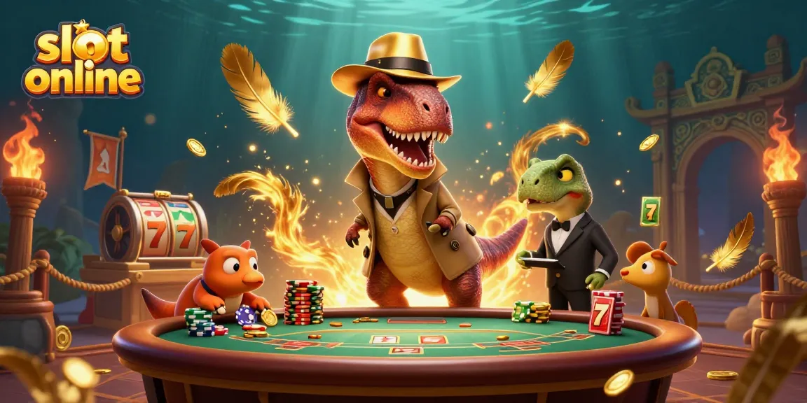 Experience thrilling slot online action with a velociraptor card counter and stegosaurus pit boss in a dynamic casino scene.