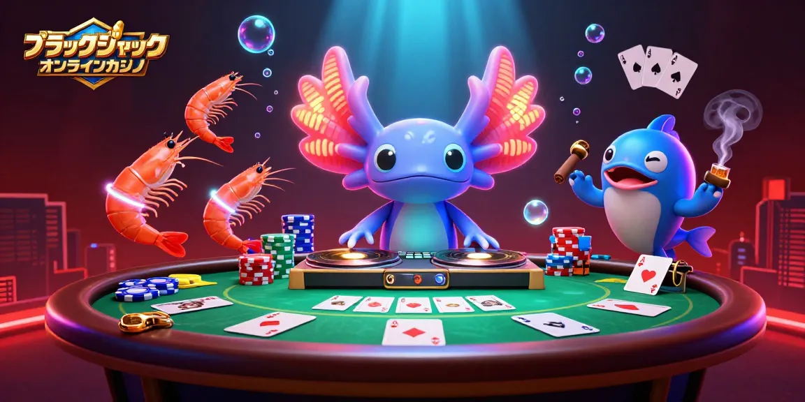 ブラックジャック オンラインカジノでのポーカーテーブルを囲むダンスするキャラクターたちのセッション