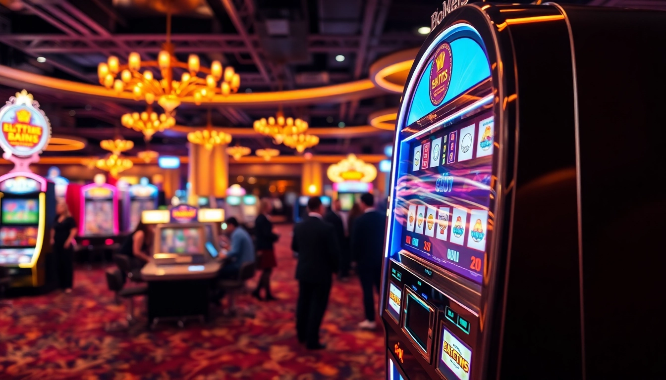 Memenangkan ibet44 slot di kasino yang ramai dengan lampu berkilauan dan orang-orang terlibat.