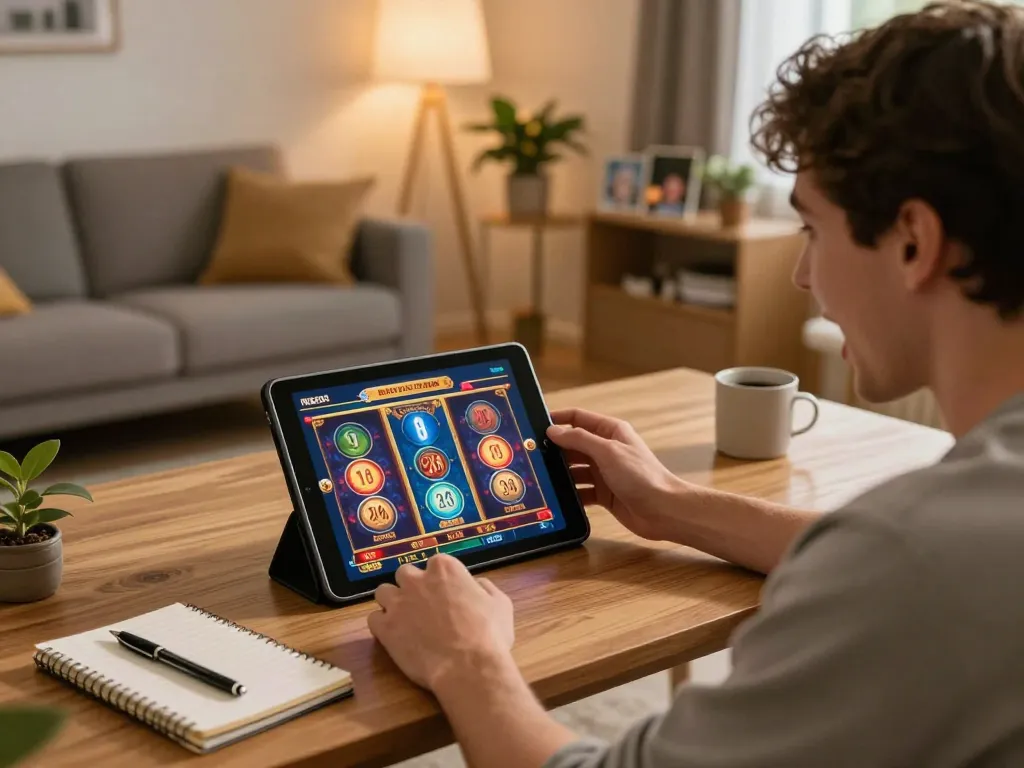 Player engaging with slot bonus 100 on tablet in cozy home gaming setup, showcasing excitement and strategy