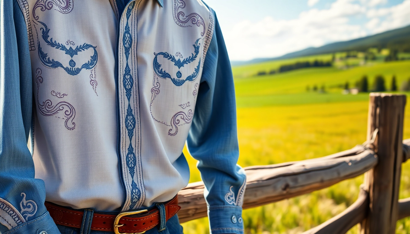 Showcase of cowboy shirt Canada hung on a fence in a serene landscape, highlighting its western embroidery.