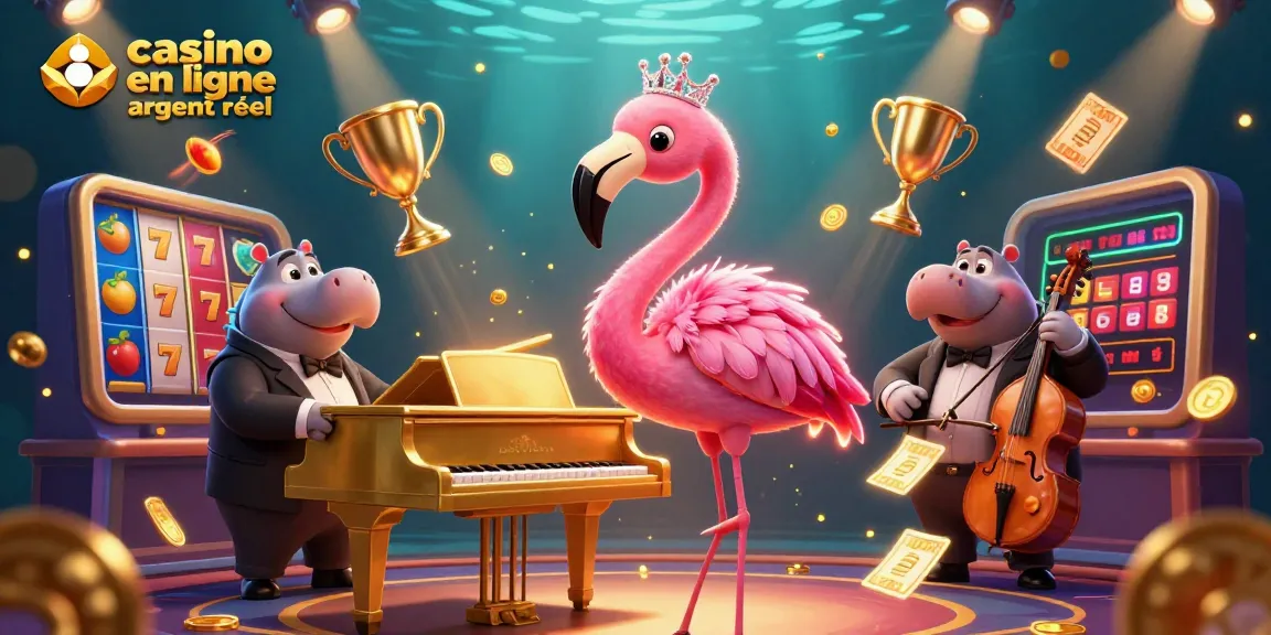 Illustration dynamique sur le casino en ligne argent réel avec un chanteur flamboyant et des éléments de jeu au centre.