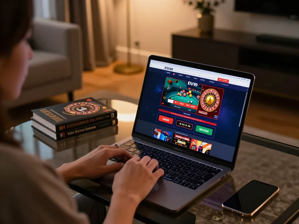 Engaging scene of online gaming with EV99 displayed on a laptop, highlighting strategic betting.