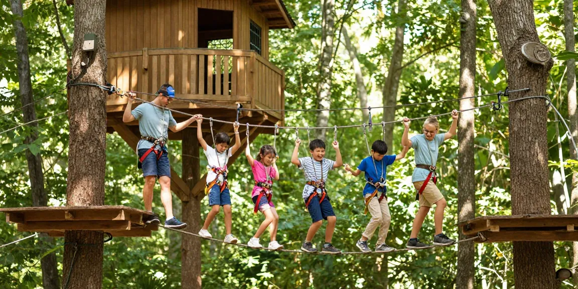Family engaging in rope bridge design exploration with children laughing in a forest.