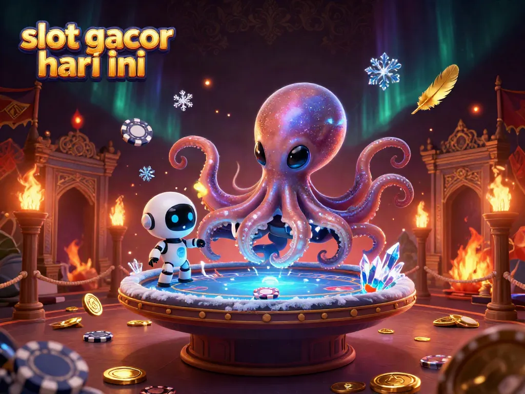 Gambaran slot gacor hari ini dengan alien tentakel dan robot, chip poker bertabur, suasana meriah.