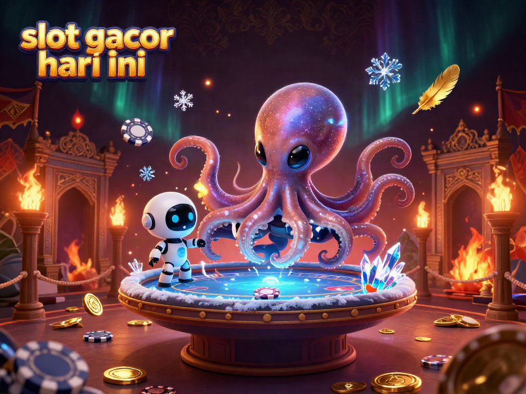 Gambaran slot gacor hari ini dengan alien tentakel dan robot, chip poker bertabur, suasana meriah.