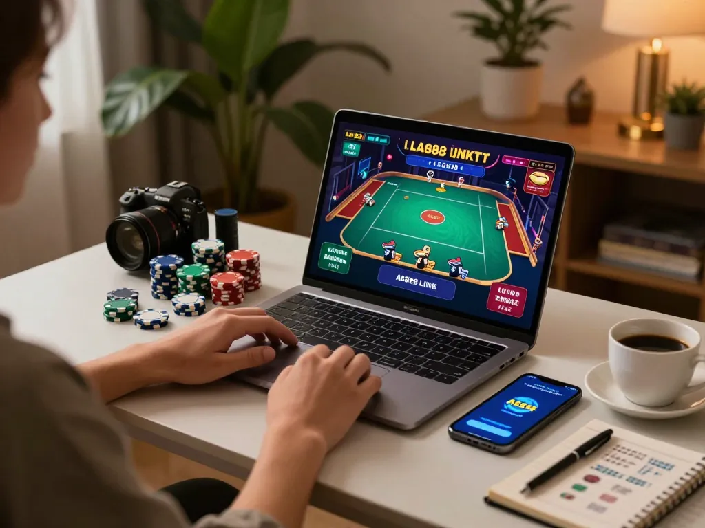 Playing online casino games on AE888 LINK with laptop and smartphone in a cozy setup