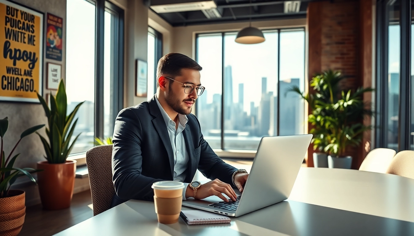 Job in Chicago: Enthusiastic professional working at a laptop in a bright office.