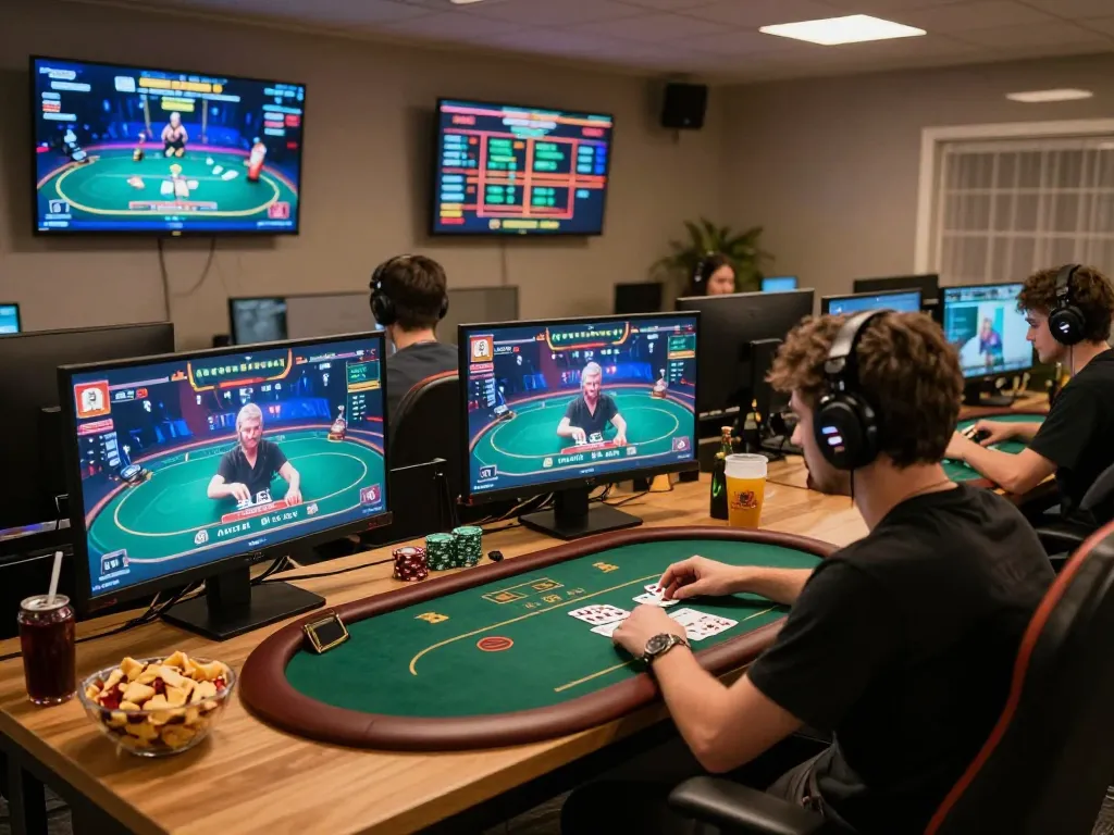 Engaged player strategizing in a kubet online poker session, showcasing intense gameplay and cozy atmosphere