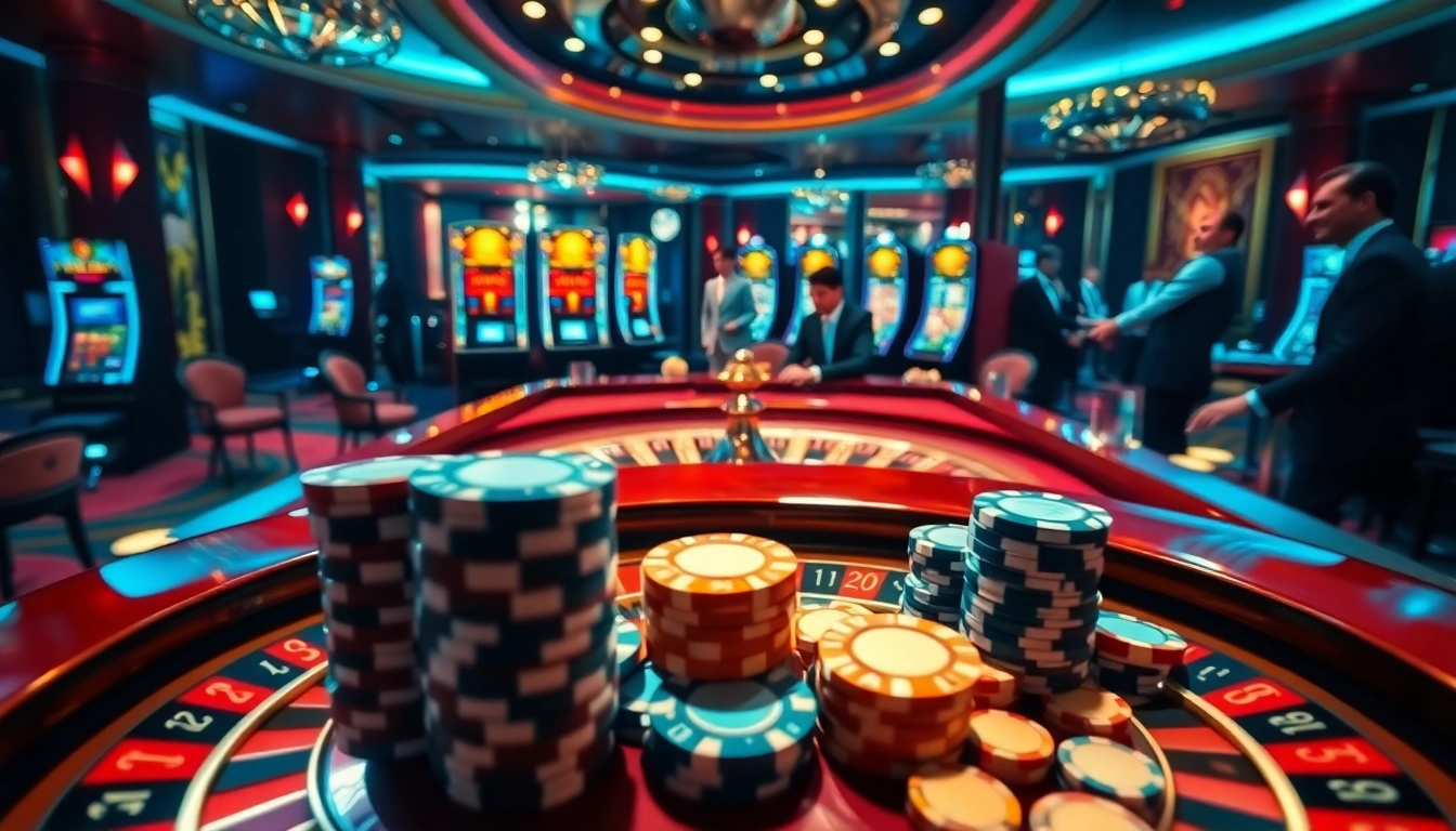Engaging gamblers in a vibrant UU 88 casino atmosphere with roulette, blackjack, and slot machines.