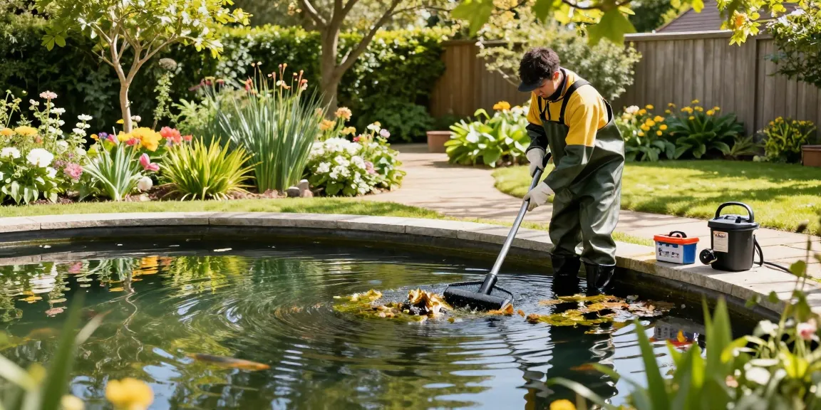 Pond Cleaning Kent - Professional cleaning of a tranquil garden pond with blooming flowers and lush greenery.