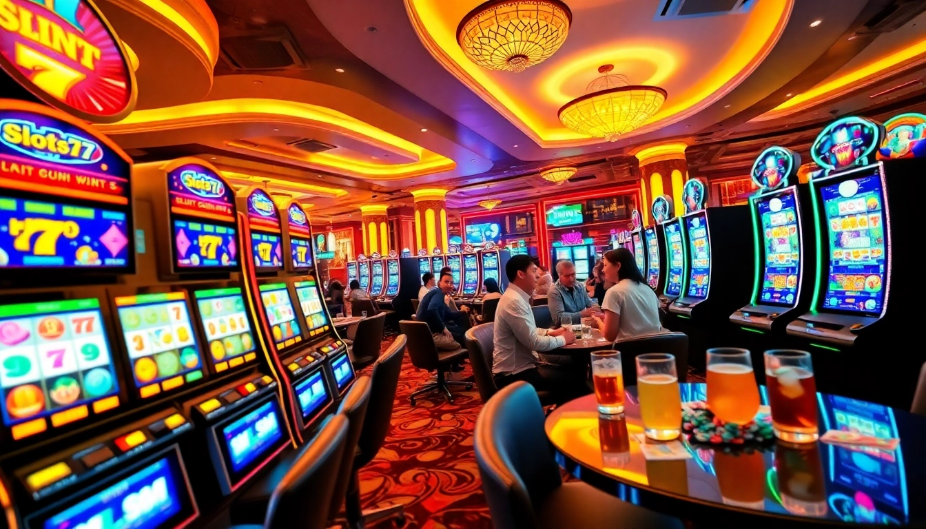 Bermain Slot77 di mesin slot yang cerah dan menarik dengan suasana penuh semangat.