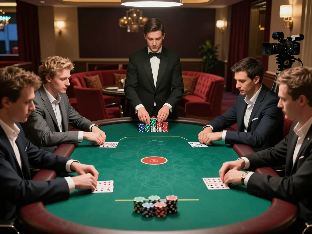 Engaged players at a TR88 LINK high-stakes poker game in a luxurious casino setting.