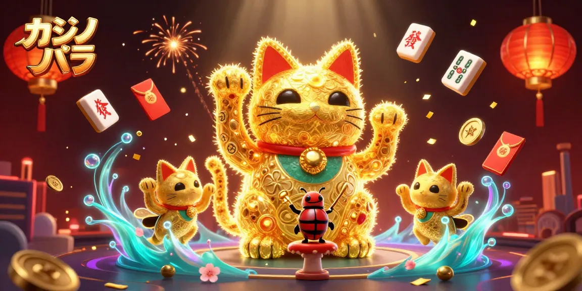 カジノ バカラの運を高める幸運の猫のイラスト、華やかなシンボルに囲まれて