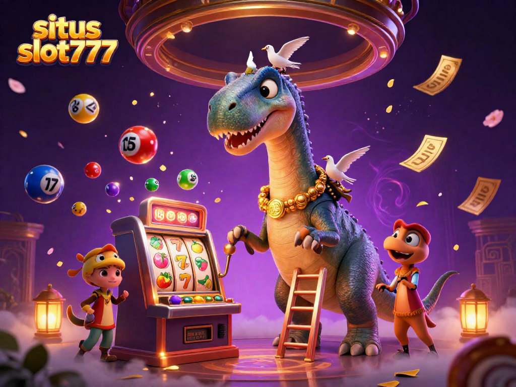 Situs slot777 shines as a vibrant 3D gaming spectacle with a brontosaurus and raptor interacting at a lively slot machine.