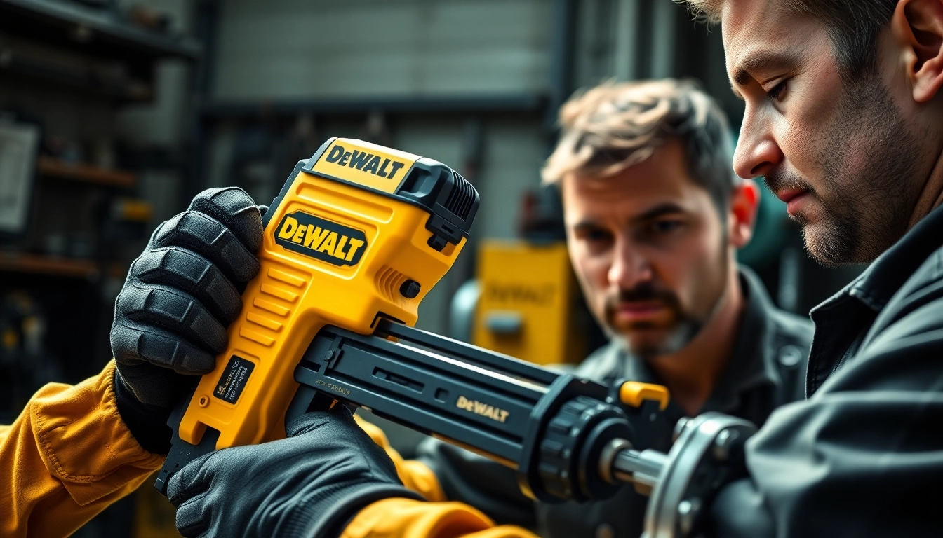 The DeWalt rivet gun efficiently fastening metal components together in a workshop.