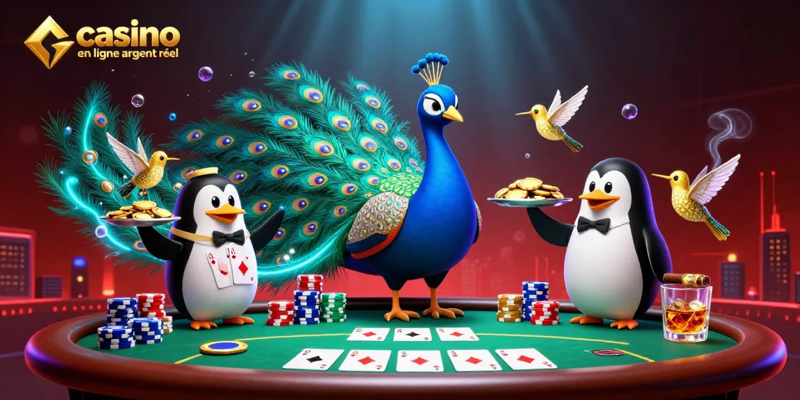 Jouez sur un casino en ligne argent réel avec des personnages animés dans un décor vibrant de poker.