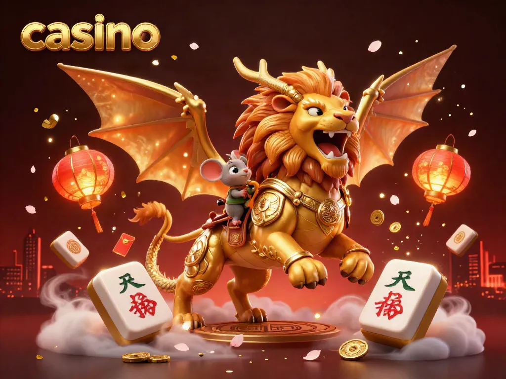 Experience the excitement of the casino with a golden-armored chimera and Mahjong tiles, symbolizing luck and fortune.