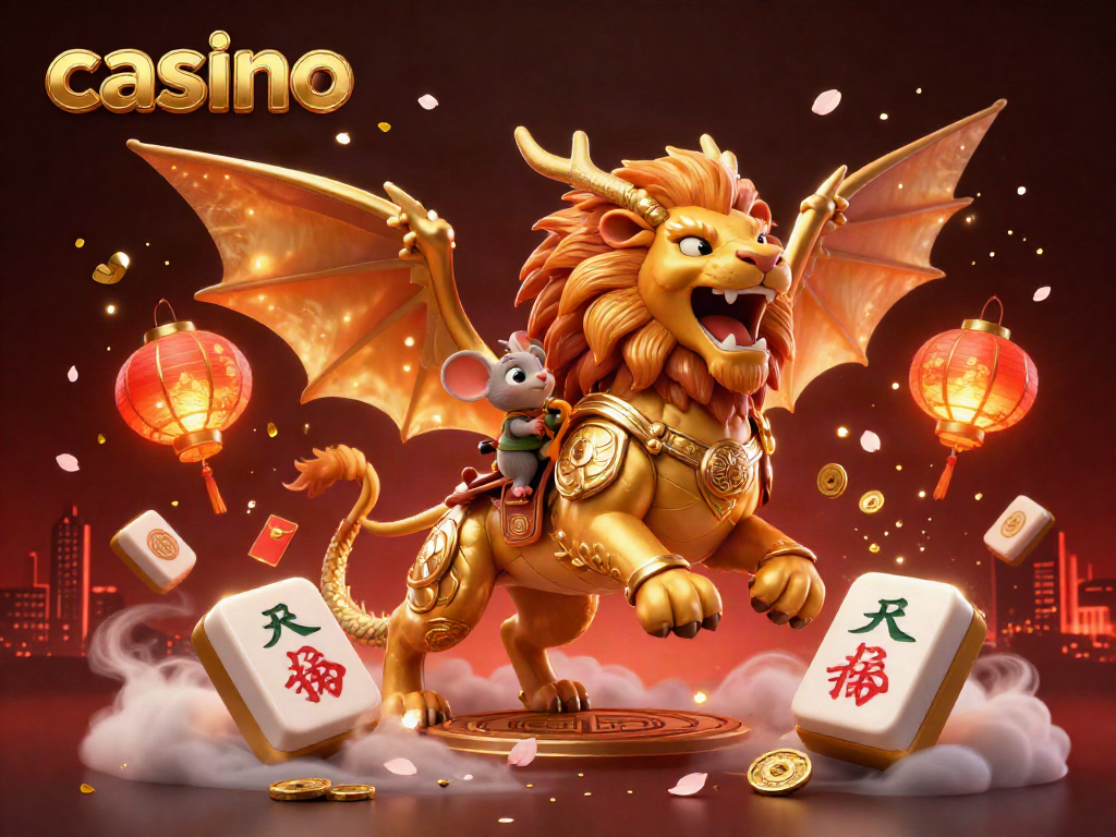 Experience the excitement of the casino with a golden-armored chimera and Mahjong tiles, symbolizing luck and fortune.