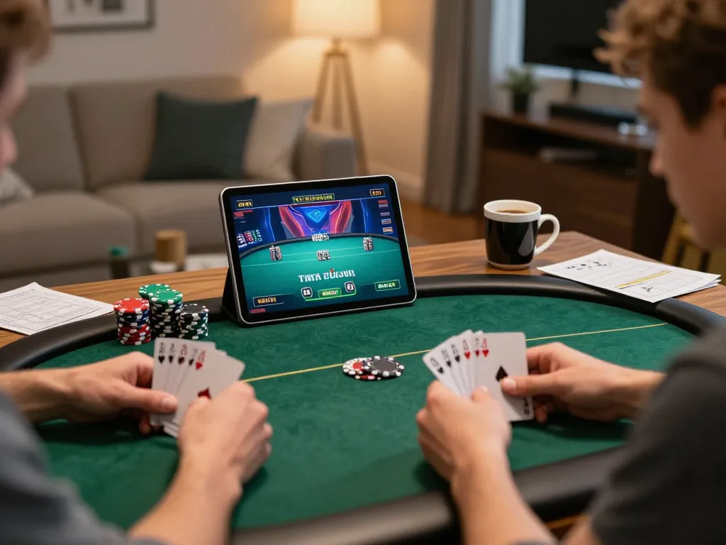 Player enjoying online poker on tablet at home, engaged in strategic gameplay for c168.