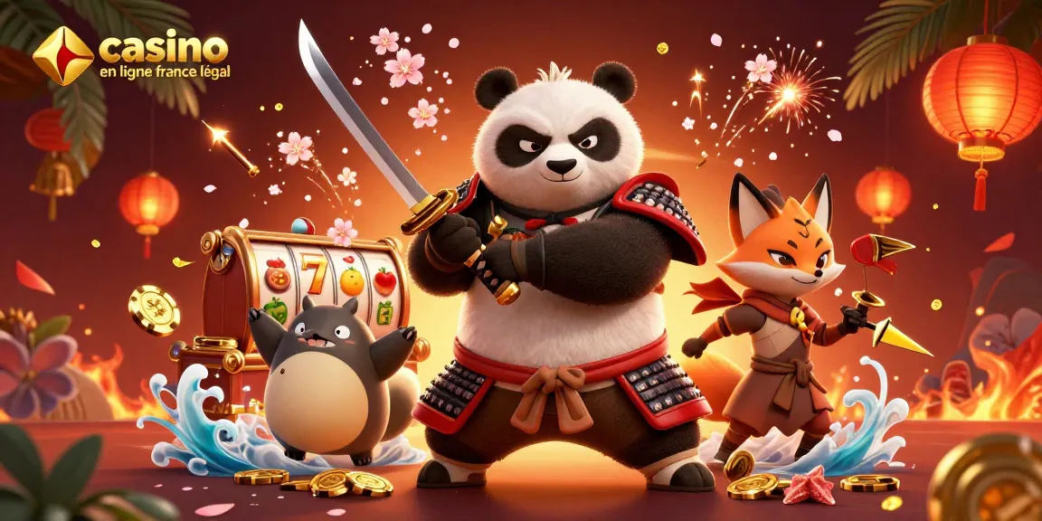 Illustration colorée et dynamique présentant un panda samouraï et un renard ninja sous le thème du casino en ligne légal en France.