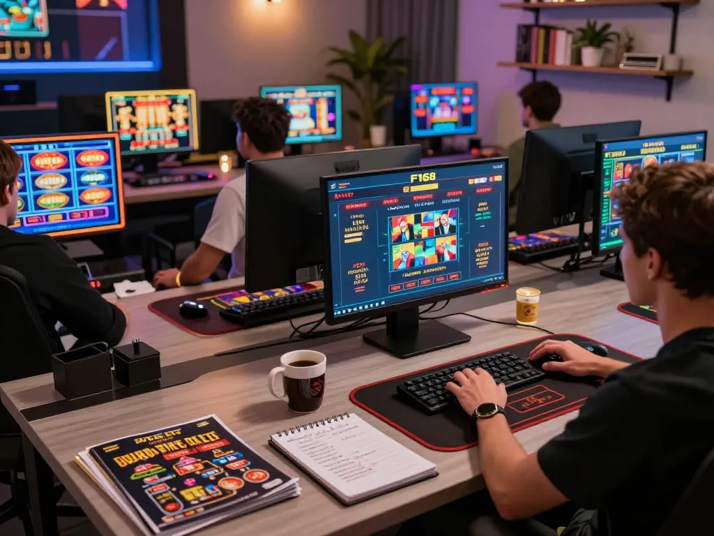 F168 player immerses in online gaming strategy with multiple screens and notes.