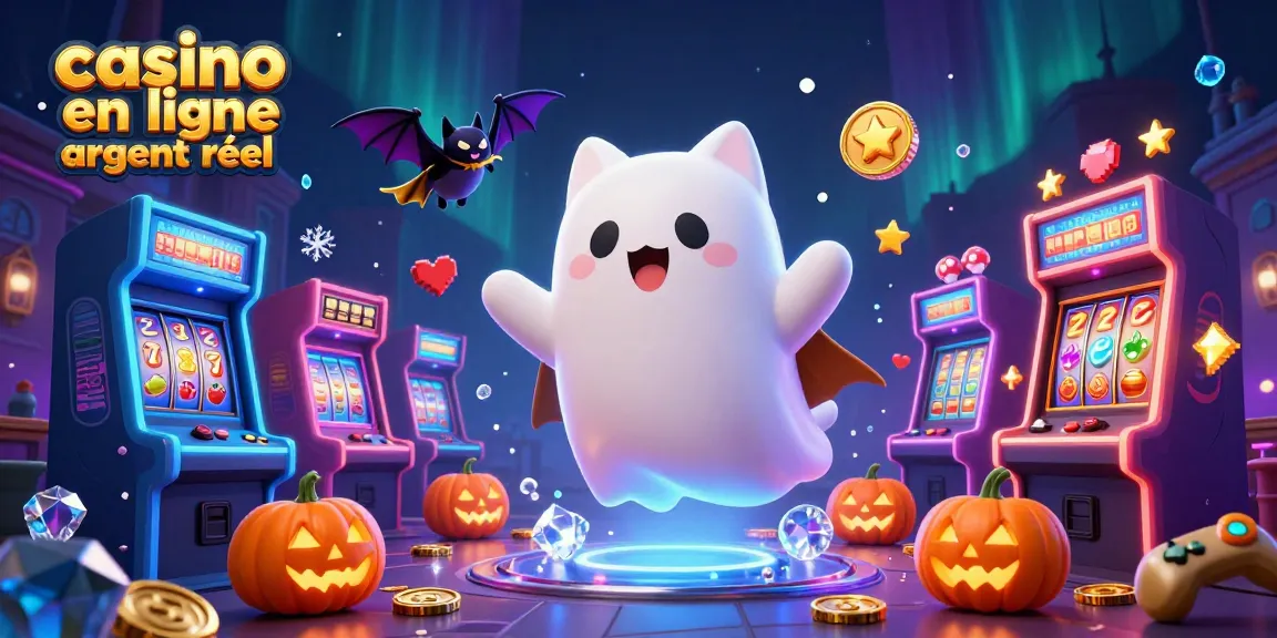 Illustration immersive de casino en ligne argent réel avec un chat fantôme et une chauve-souris, entourés de machines à sous.