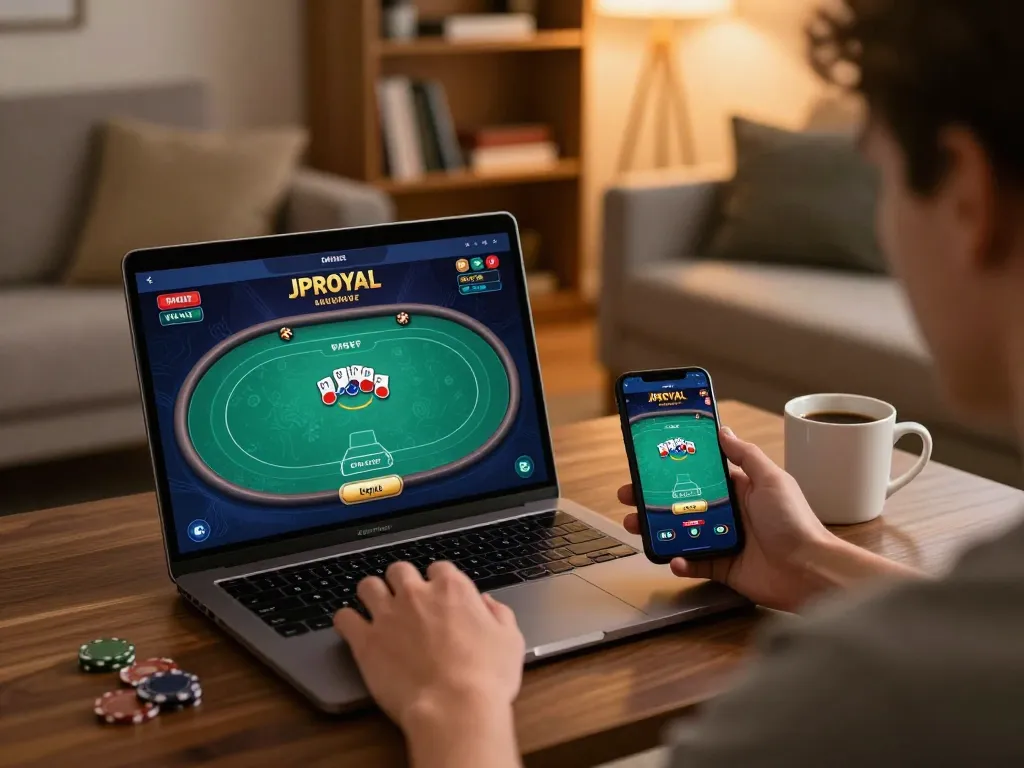 jproyal player engaging in online poker from cozy home setup with strategic notes