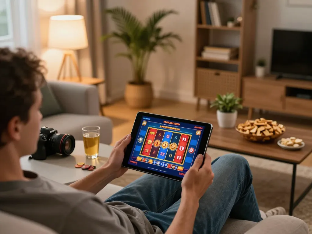 Playing casino senza registrazione games on a tablet at home with cozy ambiance and snacks nearby.
